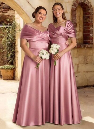 A-Line Off-The-Shoulder Sleeveless Floor-Length Satin Bridesmaid Dresses