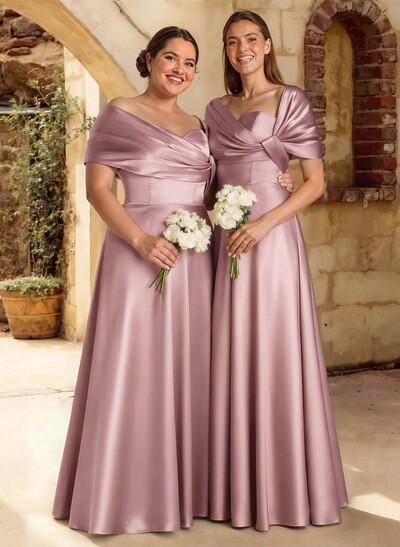 A-Line Off-The-Shoulder Sleeveless Floor-Length Satin Bridesmaid Dresses