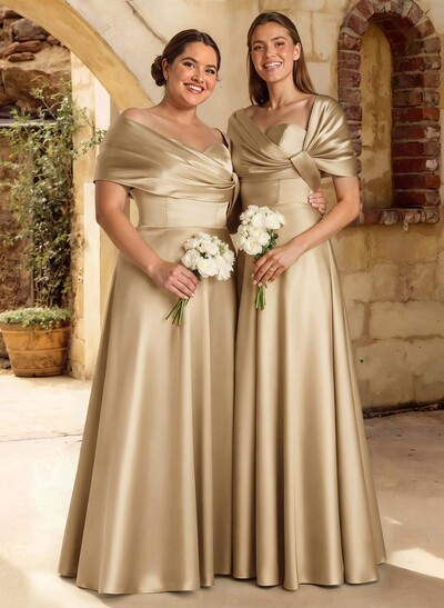 A-Line Off-The-Shoulder Sleeveless Floor-Length Satin Bridesmaid Dresses