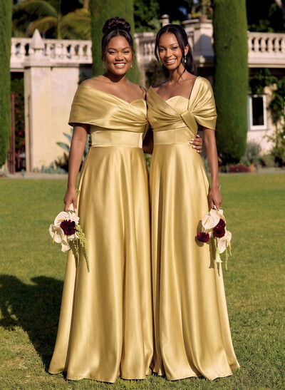 A-Line Off-The-Shoulder Sleeveless Floor-Length Satin Bridesmaid Dresses