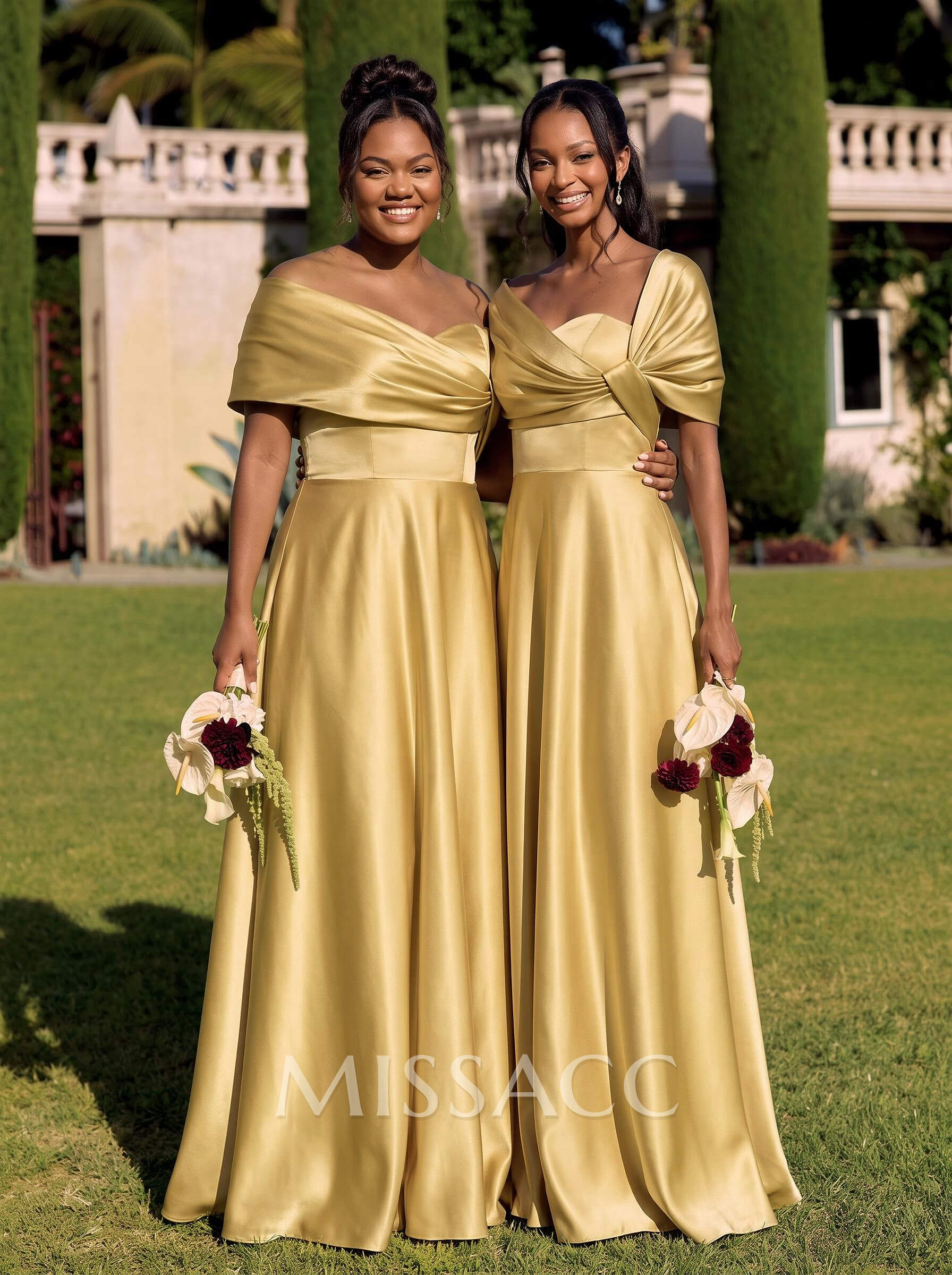 A-Line Off-The-Shoulder Sleeveless Floor-Length Satin Bridesmaid Dresses A-Line Off-The-Shoulder Sleeveless Floor-Length Satin Bridesmaid Dresses