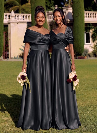 A-Line Off-The-Shoulder Sleeveless Floor-Length Satin Bridesmaid Dresses