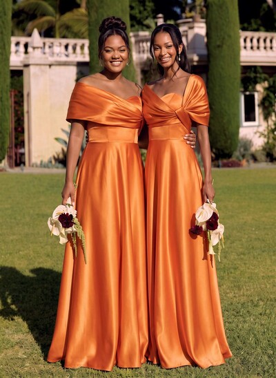 A-Line Off-The-Shoulder Sleeveless Floor-Length Satin Bridesmaid Dresses