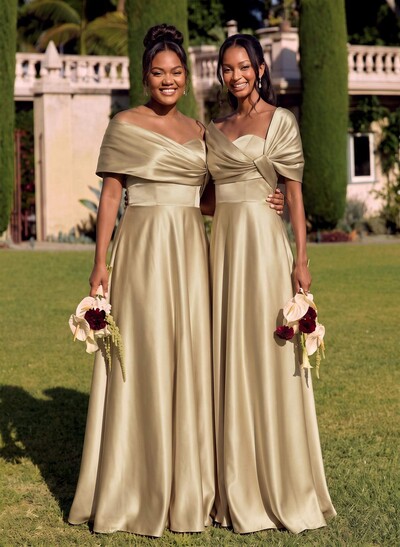 A-Line Off-The-Shoulder Sleeveless Maxi Satin Bridesmaid Dresses