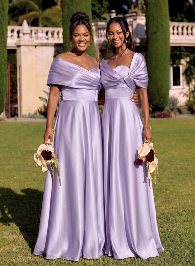 A-Line Off-The-Shoulder Sleeveless Floor-Length Satin Bridesmaid Dresses