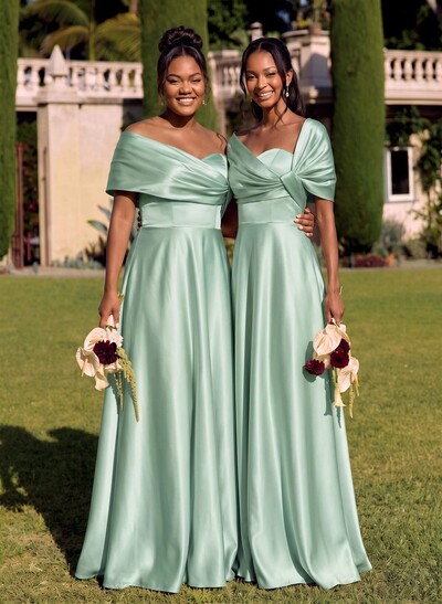 A-Line Off-The-Shoulder Sleeveless Floor-Length Satin Bridesmaid Dresses