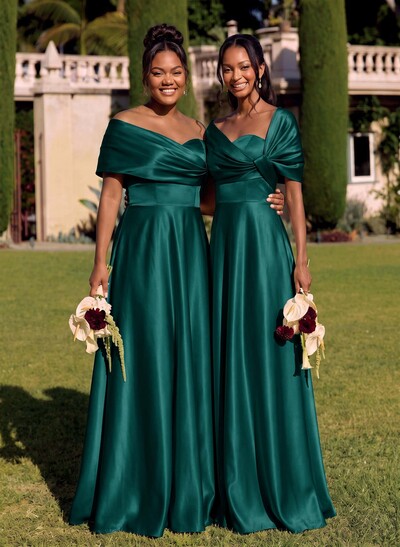 A-Line Off-The-Shoulder Sleeveless Floor-Length Satin Bridesmaid Dresses