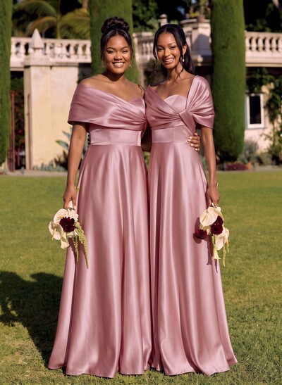 A-Line Off-The-Shoulder Sleeveless Floor-Length Satin Bridesmaid Dresses
