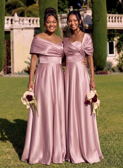 A-Line Off-The-Shoulder Sleeveless Floor-Length Satin Bridesmaid Dresses