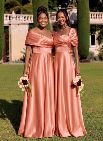 A-Line Off-The-Shoulder Sleeveless Floor-Length Satin Bridesmaid Dresses