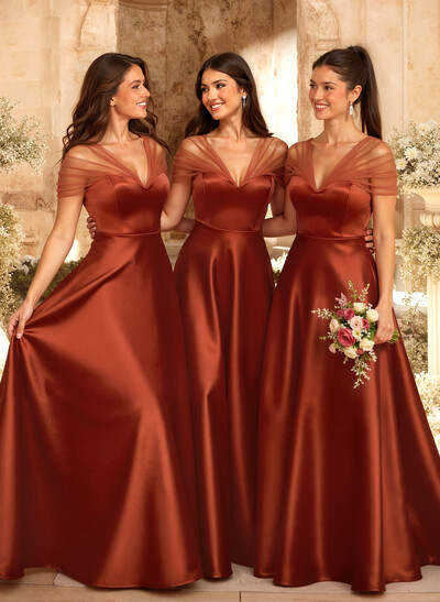 A-Line V-Neck Sleeveless Floor-Length Satin/Tulle Bridesmaid Dresses