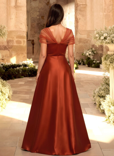 A-Line V-Neck Sleeveless Floor-Length Satin/Tulle Bridesmaid Dresses