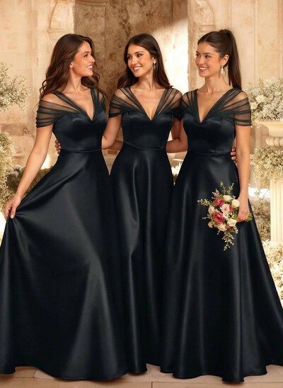 A-Line V-Neck Sleeveless Floor-Length Satin/Tulle Bridesmaid Dresses