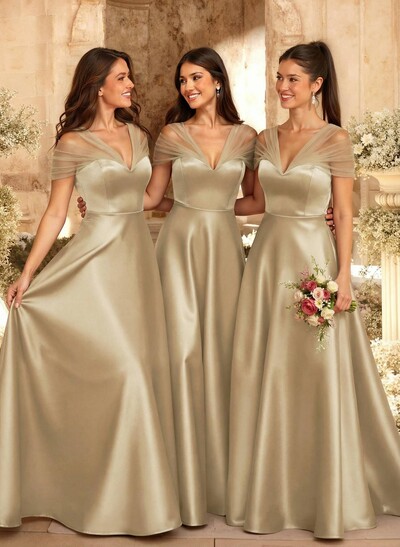 A-Line V-Neck Sleeveless Floor-Length Satin/Tulle Bridesmaid Dresses