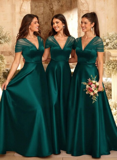 A-Line V-Neck Sleeveless Floor-Length Satin/Tulle Bridesmaid Dresses