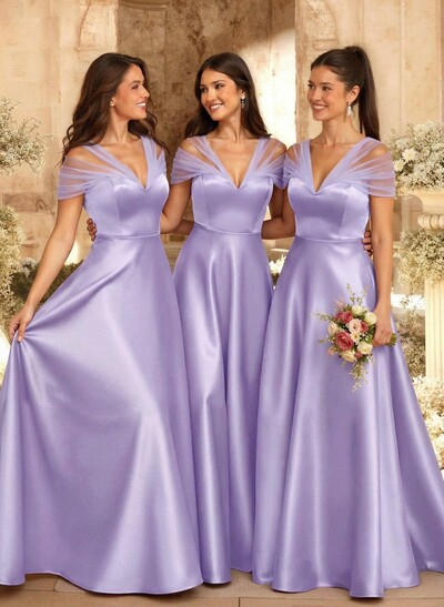 A-Line V-Neck Sleeveless Floor-Length Satin/Tulle Bridesmaid Dresses