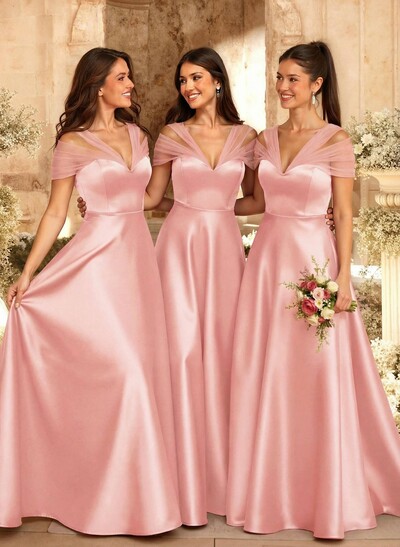 A-Line V-Neck Sleeveless Floor-Length Satin/Tulle Bridesmaid Dresses