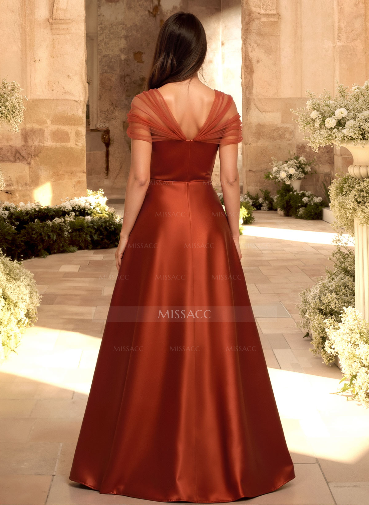 A-Line V-Neck Sleeveless Floor-Length Satin/Tulle Bridesmaid Dresses