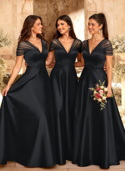 A-Line V-Neck Sleeveless Floor-Length Satin/Tulle Bridesmaid Dresses