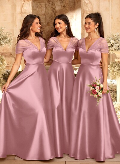 A-Line V-Neck Sleeveless Floor-Length Satin/Tulle Bridesmaid Dresses
