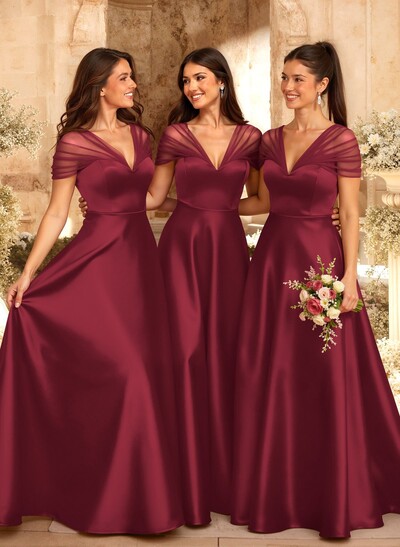 A-Line V-Neck Sleeveless Floor-Length Satin/Tulle Bridesmaid Dresses