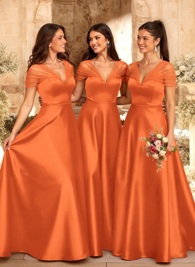 A-Line V-Neck Sleeveless Floor-Length Satin/Tulle Bridesmaid Dresses
