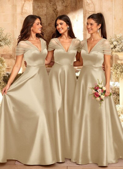 A-Line V-Neck Sleeveless Floor-Length Satin/Tulle Bridesmaid Dresses