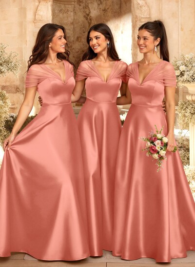 A-Line V-Neck Sleeveless Floor-Length Satin/Tulle Bridesmaid Dresses