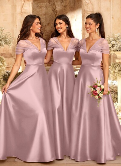A-Line V-Neck Sleeveless Floor-Length Satin/Tulle Bridesmaid Dresses