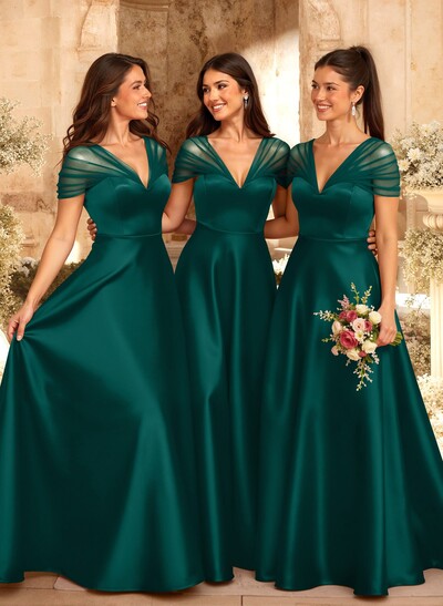 A-Line V-Neck Sleeveless Floor-Length Satin/Tulle Bridesmaid Dresses