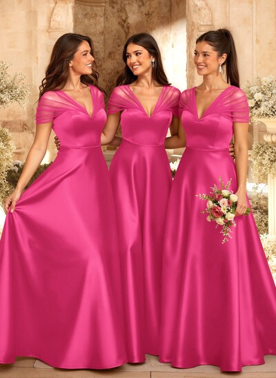 A-Line V-Neck Sleeveless Floor-Length Satin/Tulle Bridesmaid Dresses