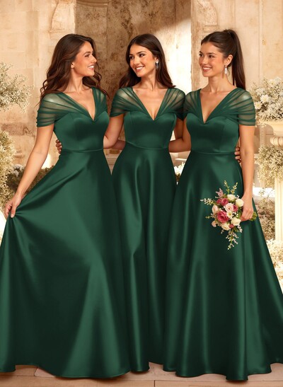A-Line V-Neck Sleeveless Floor-Length Satin/Tulle Bridesmaid Dresses