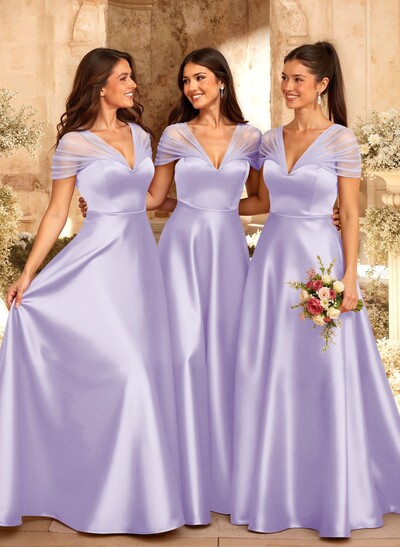 A-Line V-Neck Sleeveless Floor-Length Satin/Tulle Bridesmaid Dresses