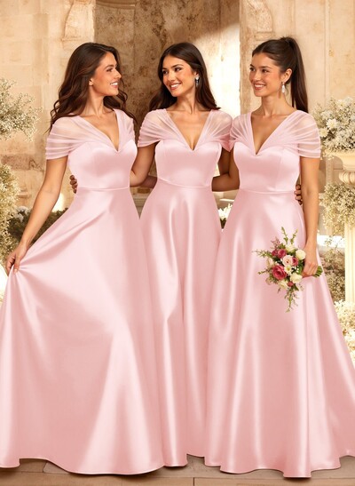 A-Line V-Neck Sleeveless Floor-Length Satin/Tulle Bridesmaid Dresses