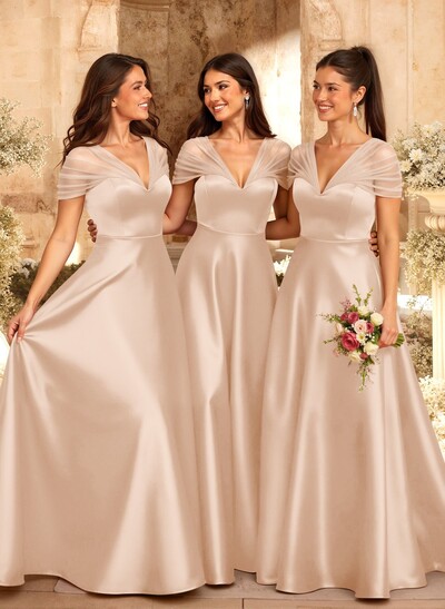 A-Line V-Neck Sleeveless Floor-Length Satin/Tulle Bridesmaid Dresses