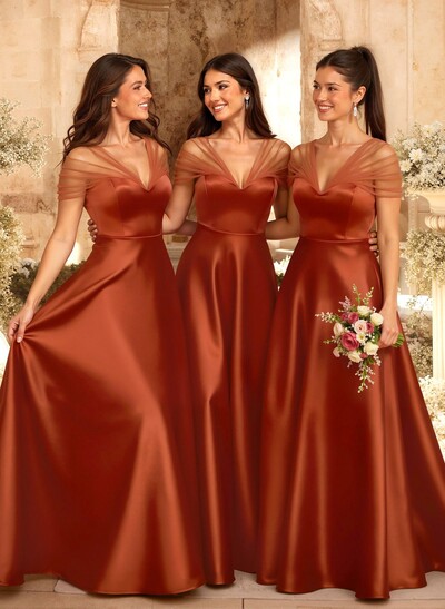 A-Line V-Neck Sleeveless Floor-Length Satin/Tulle Bridesmaid Dresses