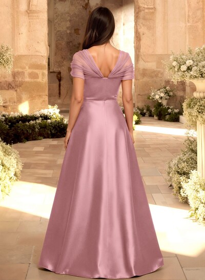 A-Line V-Neck Sleeveless Floor-Length Satin/Tulle Bridesmaid Dresses