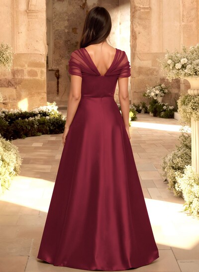 A-Line V-Neck Sleeveless Floor-Length Satin/Tulle Bridesmaid Dresses