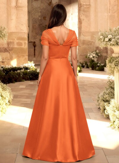 A-Line V-Neck Sleeveless Floor-Length Satin/Tulle Bridesmaid Dresses