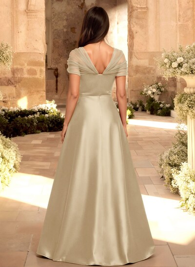A-Line V-Neck Sleeveless Floor-Length Satin/Tulle Bridesmaid Dresses