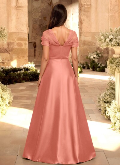 A-Line V-Neck Sleeveless Floor-Length Satin/Tulle Bridesmaid Dresses
