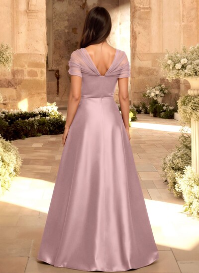 A-Line V-Neck Sleeveless Floor-Length Satin/Tulle Bridesmaid Dresses