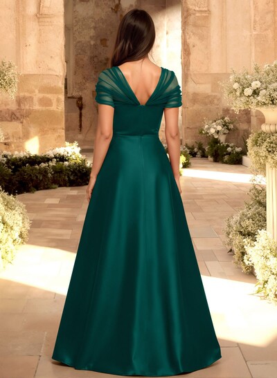 A-Line V-Neck Sleeveless Floor-Length Satin/Tulle Bridesmaid Dresses