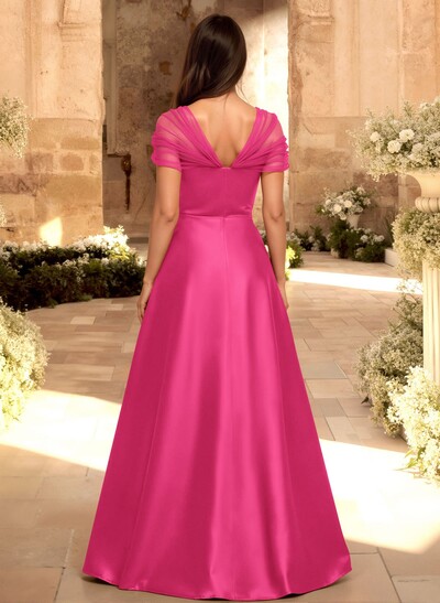 A-Line V-Neck Sleeveless Floor-Length Satin/Tulle Bridesmaid Dresses