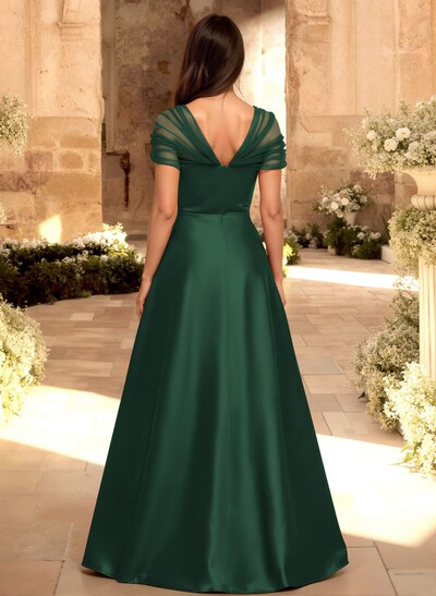 A-Line V-Neck Sleeveless Floor-Length Satin/Tulle Bridesmaid Dresses