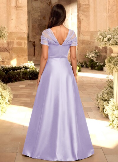 A-Line V-Neck Sleeveless Floor-Length Satin/Tulle Bridesmaid Dresses