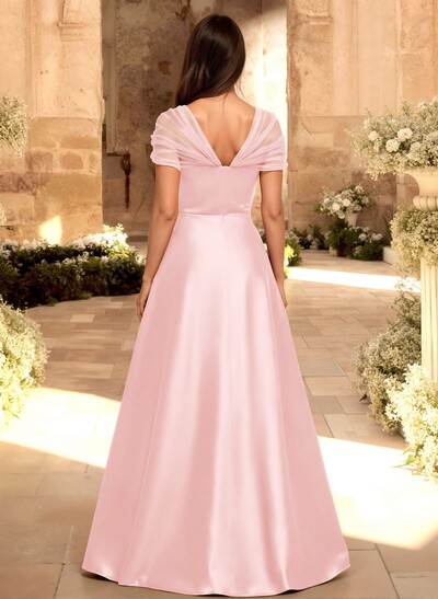 A-Line V-Neck Sleeveless Floor-Length Satin/Tulle Bridesmaid Dresses