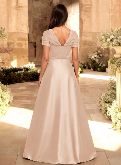 A-Line V-Neck Sleeveless Floor-Length Satin/Tulle Bridesmaid Dresses