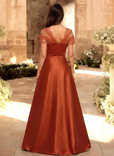 A-Line V-Neck Sleeveless Floor-Length Satin/Tulle Bridesmaid Dresses