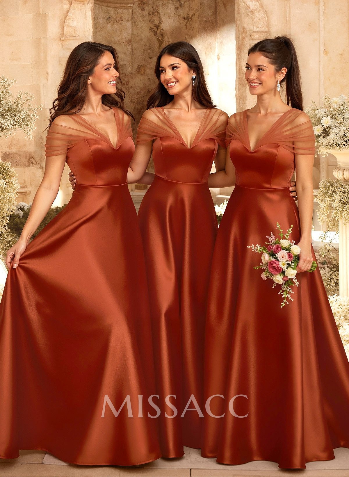 A-Line V-Neck Sleeveless Floor-Length Satin/Tulle Bridesmaid Dresses A-Line V-Neck Sleeveless Floor-Length Satin/Tulle Bridesmaid Dresses